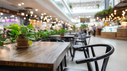 Fototapeta premium Food court or food center in shopping mall. Interior consist of table, chair, restaurant, coffee shop. Similar of canteen for shopping mall. Wood table top for product display or blurred background.