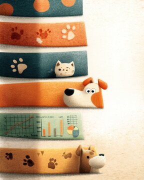 Colorful Animal-Themed Board Game Pieces and Dice with Graphs and Charts on Wooden Surface