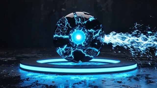 Futuristic holographic globe projecting blue energy on a glowing round platform.