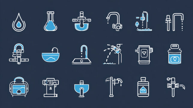 Water filtration and equipment such as clean water, wastewater, drop, splash, strainer, faucet, pressure tank and cartridge vector icon set design, 48x48 pixel perfect and editable stroke.