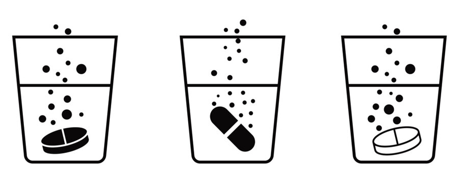 Soluble Tablet Dissolving in Water Icon Set Vector Illustration Medicine Effervescent Pill Symbol with Bubbles 
Outline and Filled Style