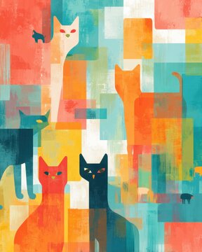 Pet Business Abstract colorful geometric illustration of various cats with vibrant overlapping shapes a festive pet in a meeting office dog festive business celebration