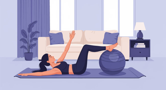 Flat vector illustration of a woman in athletic clothing performing pilates on a yoga mat with a stability ball in a home living room featuring a sofa, houseplant, and lamp.