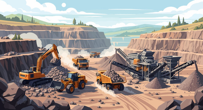Heavy machinery operating in a large open pit mine.