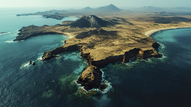 Aerial view of volcanic island coastline with rugged cliffs, turquoise ocean water, and dry terrain under clear sky, showcasing natural beauty and dramatic landscape