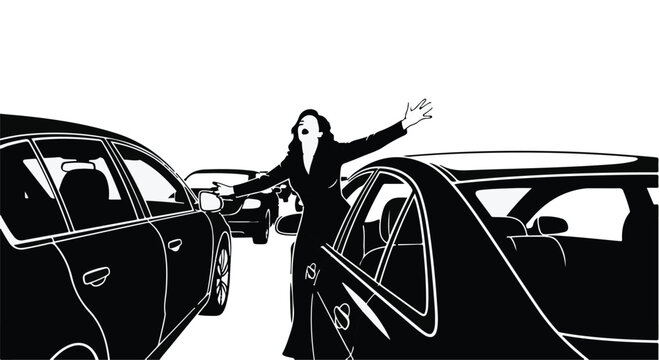 Frustrated woman stuck in traffic, arms outstretched in despair amidst gridlock.