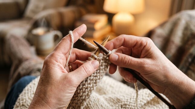 A close-up point-of-view shot of elderly hands skillfully using wooden needles to knit a piece of white wool clothing
