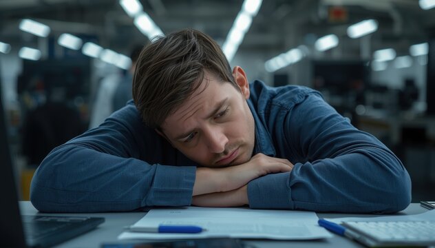 A tired man in a blue sweater rests his head on his arms, looking stressed and overwhelmed at his desk with papers and a calculator.