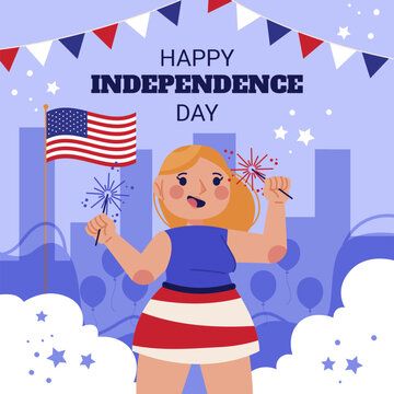 Cartoon girl celebrating Independence Day.