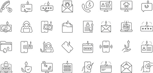 Phishing icon set. Editable stroke. Contain icons related to phishing, scam, thief, cybercrime, password hacking, money theft, data leakage, and more. © murad