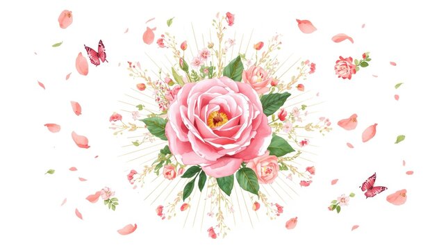 A delicate pink rose surrounded by smaller flowers, petals, and butterflies on a white background.