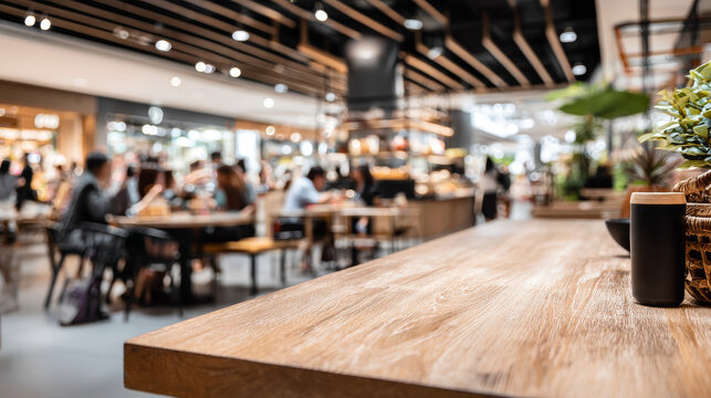 Food court or food center in shopping mall. Interior consist of table, restaurant, coffee shop. Busy with  people to buy food, sitting, eating. Wood table top for product display or blurred background