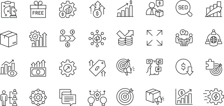 Increase sale line icon set. Editable stroke. Contain icons related to increase sales, marketing, referal program, advertising.
