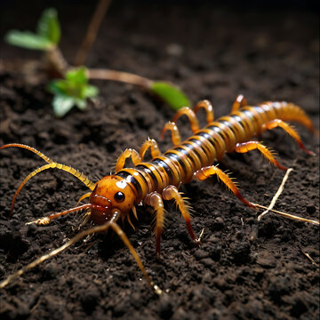Centipede on soil macro photography of a segmented arthropod