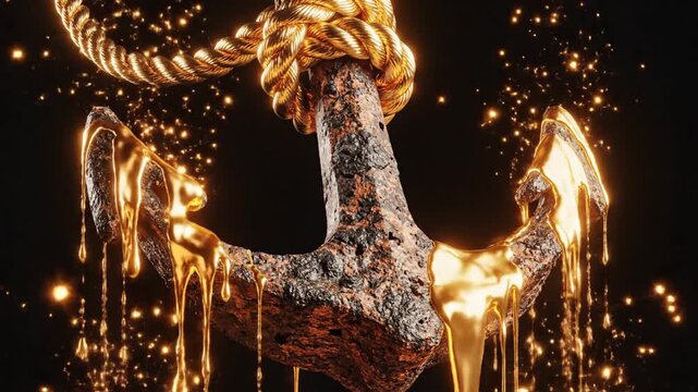 Golden molten horse sculpture with dripping firelike sparks and glowing details.