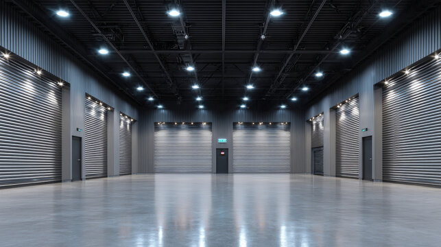Roller door or roller shutter using for factory, warehouse or hangar. Industrial building interior consist of polished concrete floor and closed door for product display or industry background.