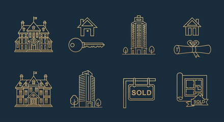 Obraz premium Golden line art real estate icons on dark background featuring houses and office buildings