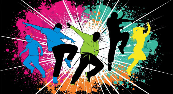 Diverse group of energetic dancers performing with vibrant splashes.