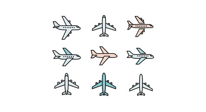 Airplanes in various colors and angles on white background for travel and transportation concepts