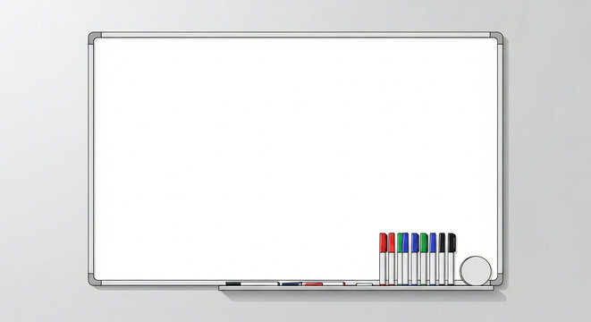 Blank whiteboard with colorful markers and eraser on gray background for business presentation