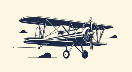 Vintage biplane illustration with minimalist line art style on a cream background. © Noval