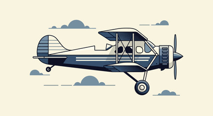 Flat vector illustration of a vintage blue and white biplane flying through stylized clouds. © Noval