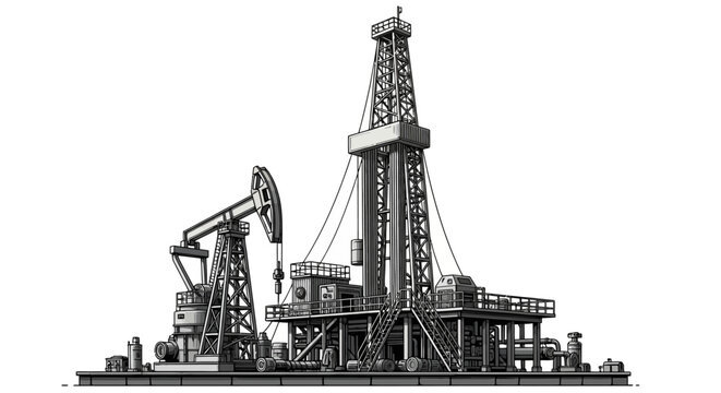Industrial oil drilling rig and pumpjack station illustration on white background