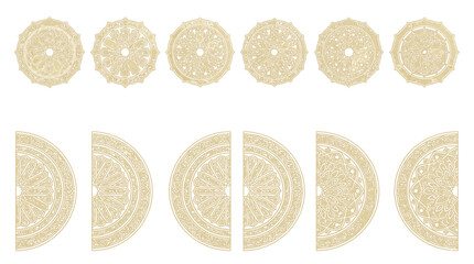 A collection of intricately detailed circular and semicircular Islamic geometric patterns and arabesques are arranged
