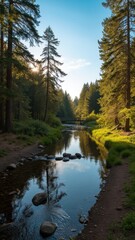 Obraz premium Natural landscape with calm river, trees and sunset glow.