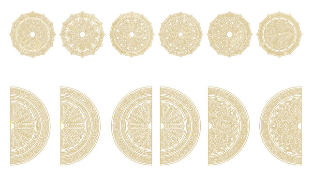A collection of intricately detailed circular and semicircular Islamic geometric patterns and arabesques are arranged