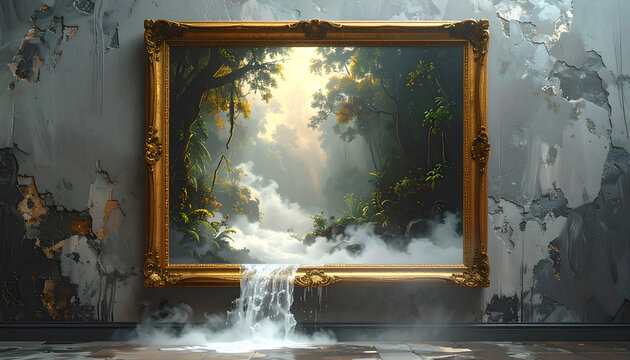 Surreal painting with waterfall effect indoors.