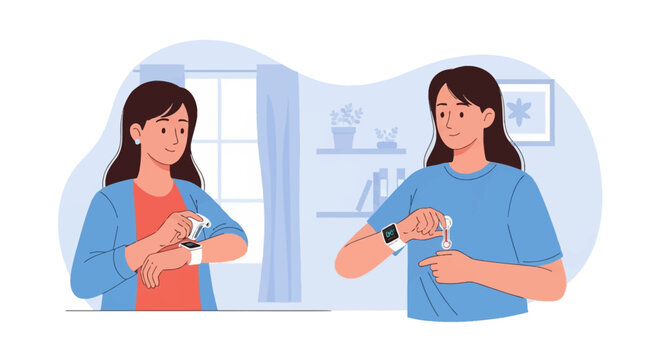 Flat vector illustration showing a woman tracking her body temperature by syncing a smartwatch with a thermometer sensor and handheld device in a home interior setting.
