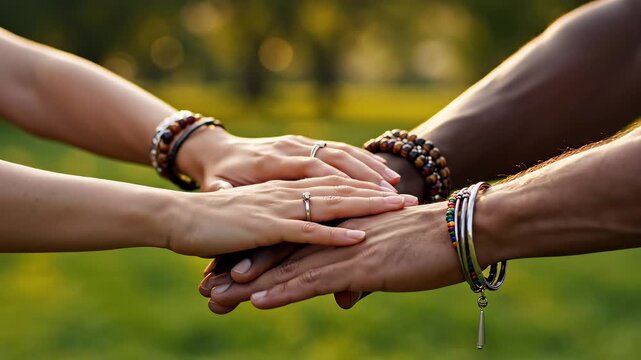 Hands stacked together outdoors ideal for sleek commercial backgrounds and title sequences