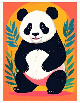 Cute cartoon panda standing with a friendly expression, surrounded by green leaves and a warm orange background.