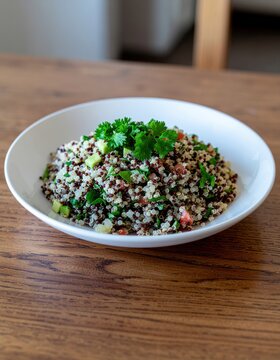 A white bowl filled with a colorful quinoa salad garnished with fresh parsley, placed on a wooden table.