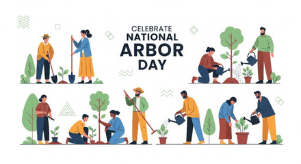 Naklejka premium People planting trees for National Arbor Day a collection of flat vector illustrations showing environmental care and gardening perfect for 