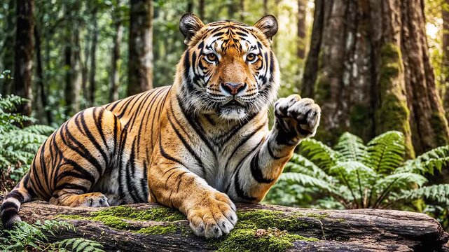Tiger resting in forest emphasizing natural beauty and pristine environments