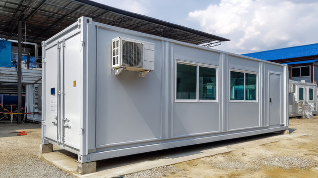 Portable office container or prefabricated modular building. That small mobile workspace, temporary work area, store or storage room for construction site. Consist of metal box and ventilation fan.
