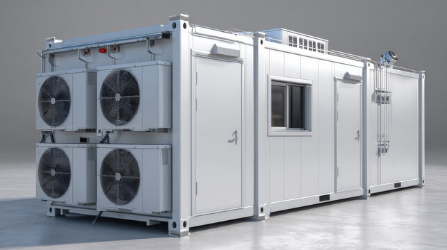 Portable office container or prefabricated modular building. That small mobile workspace, temporary work area, store or storage room for construction site. Consist of metal box and ventilation fan.