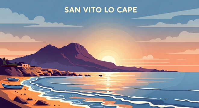 San Vito Lo Capo beach at sunset a picturesque coastal landscape with calm sea and mountains perfect for travel and vacation themes