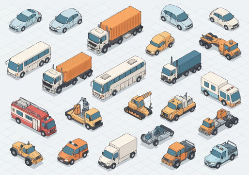 Collection of various trucks and cars.