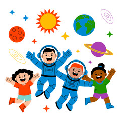 Fototapeta premium Diverse group of happy children wearing astronaut costumes jumping joyfully in outer space surrounded by planets stars and a bright sun in a fun playful flat vector illustration