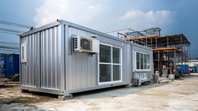 Portable office container or prefabricated modular building. That small mobile workspace, temporary work area, store or storage room for construction site. Consist of metal box and ventilation fan.