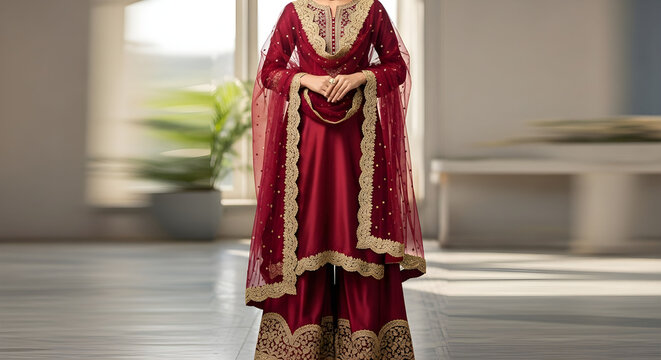Elegant maroon salwar kameez with gold embroidery, traditional Indian ethnic wear for women, luxury bridal anarkali suit with dupatta