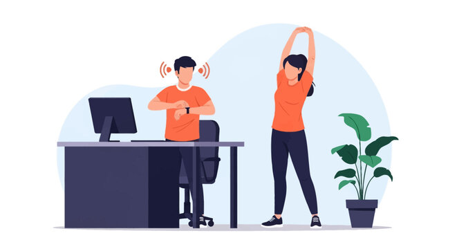 Vector illustration of a man receiving an inactivity alert on his smartwatch at a workstation while a woman stretches her arms nearby to maintain physical health at the office.