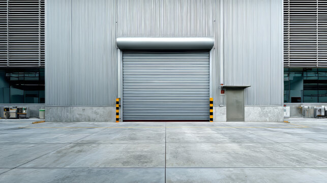 Industrial or commercial building exterior. Use as factory, warehouse, store and workplace. Safety and protection with roller door, roller shutter or overhead door. Concrete pavement floor outside.