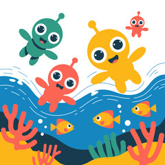 Obraz premium Cute colorful alien characters swimming in ocean waters with tropical fish and vibrant coral reefs in a playful flat vector illustration design for kids and children content