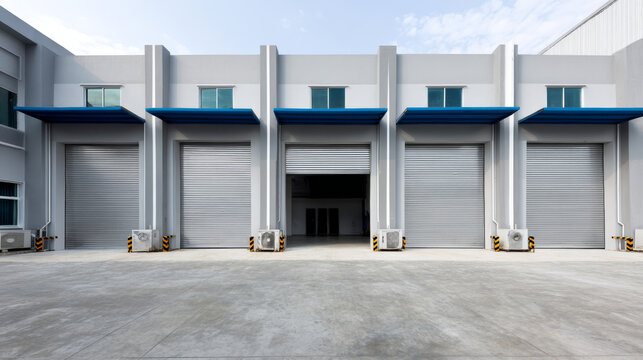 Industrial or commercial building exterior. Use as factory, warehouse, store and workplace. Safety and protection with roller door, roller shutter or overhead door. Concrete pavement floor outside.