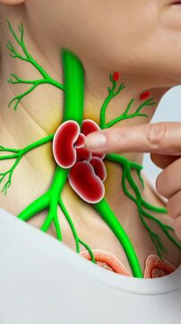 Enlarged lymph nodes, swollen glands indicating illness, lymphatic system inflammation, medical diagnosis, checking for infection, human neck anatomy, health education, diagnostic examination