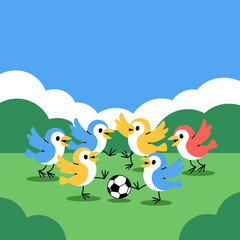 Naklejka premium Colorful cartoon birds playing soccer together on a sunny green field background with rolling hills and bright blue sky in a cheerful vector illustration for kids design